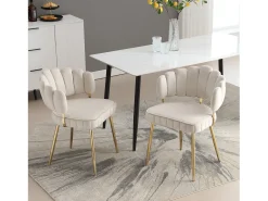 Juego de 2 sillas de comedor de terciopelo marfil con respaldo acolchado y patas de metal dorado