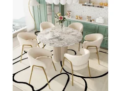Juego de 6 sillas de comedor blancas, modernas, de terciopelo de cordero, patas doradas