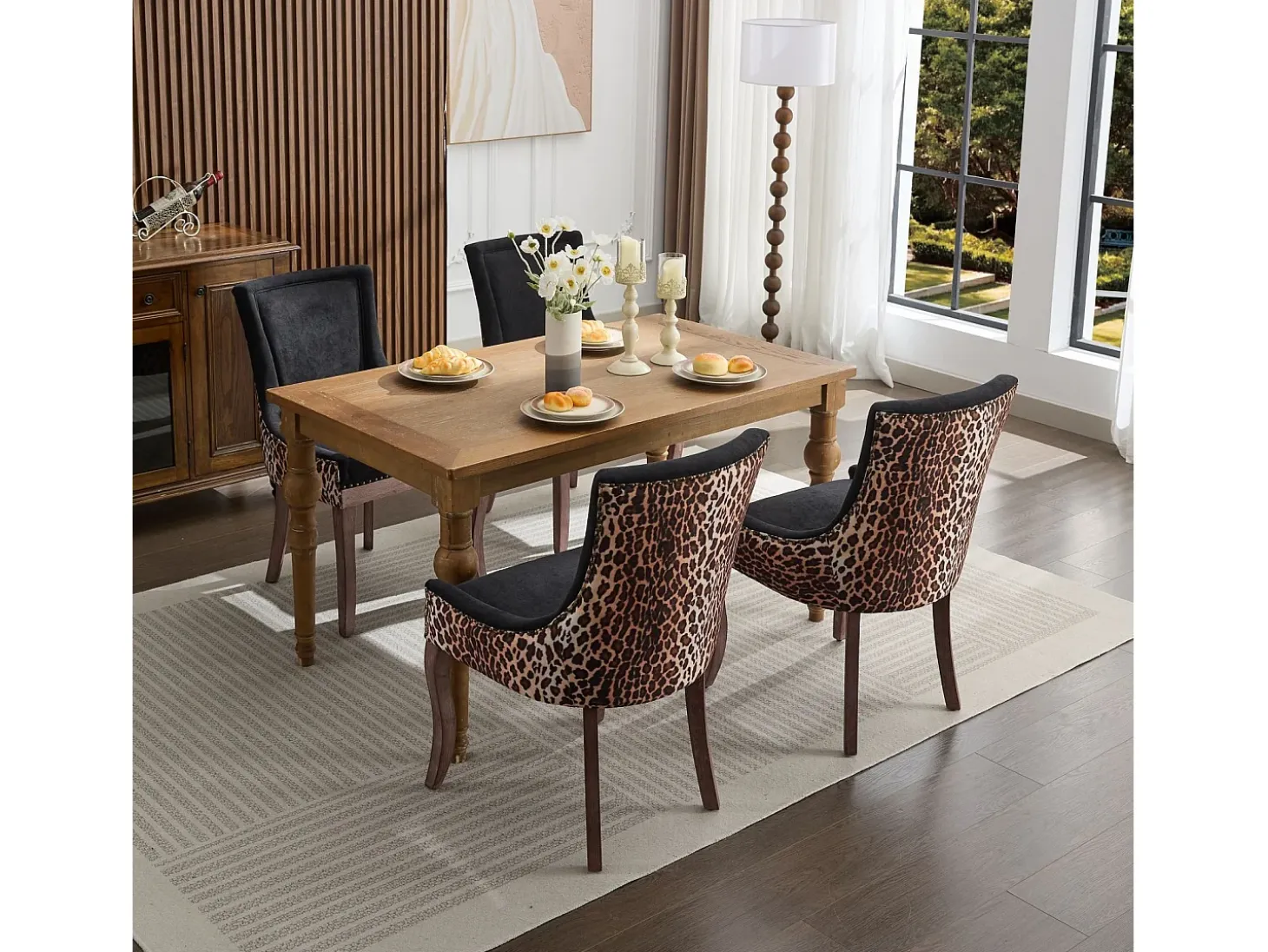 Juego de 2 sillas de comedor - patas de madera maciza con remaches de bronce, estampado de leopardo - chenilla