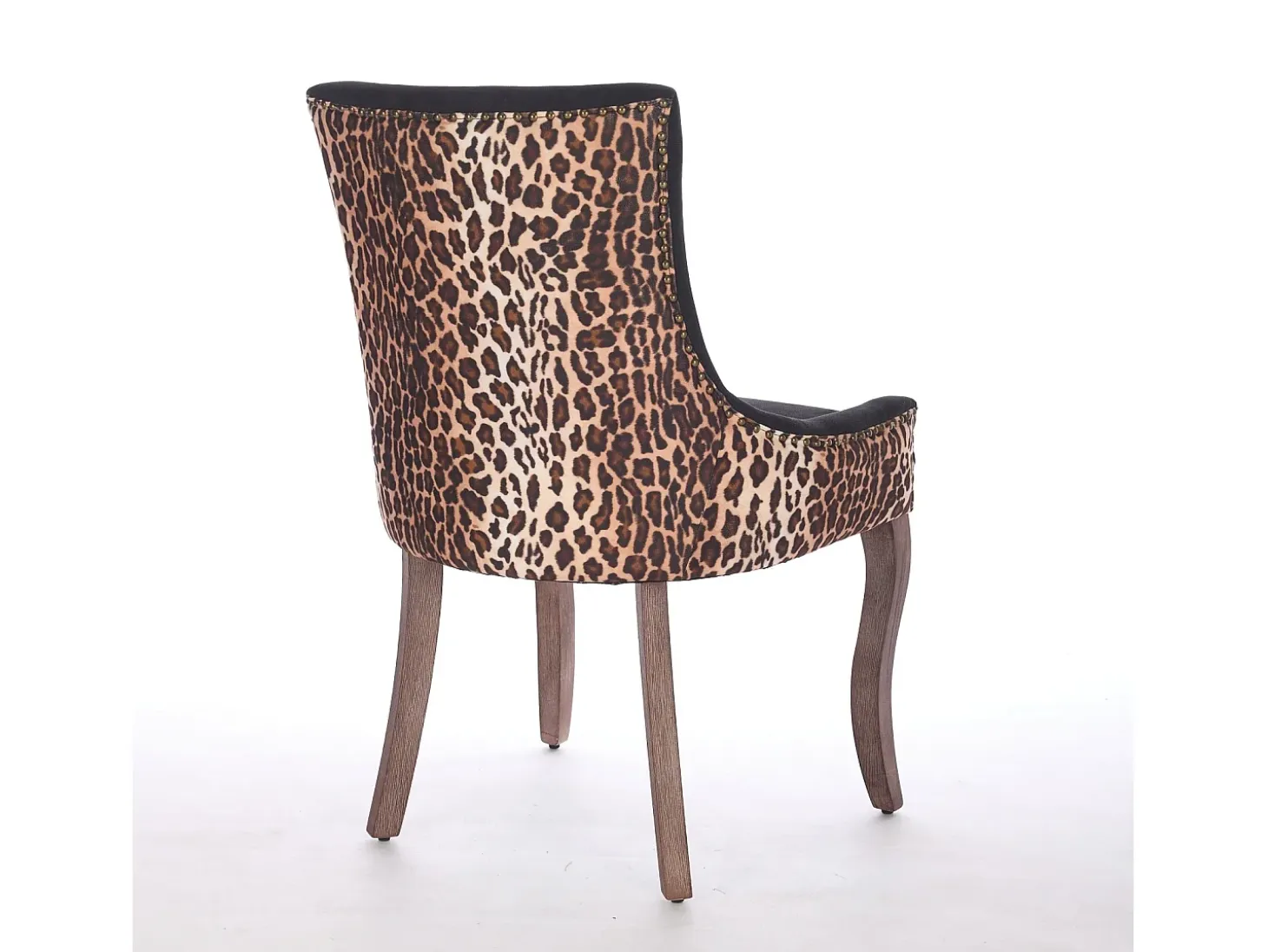 Juego de 2 sillas de comedor - patas de madera maciza con remaches de bronce, estampado de leopardo - chenilla