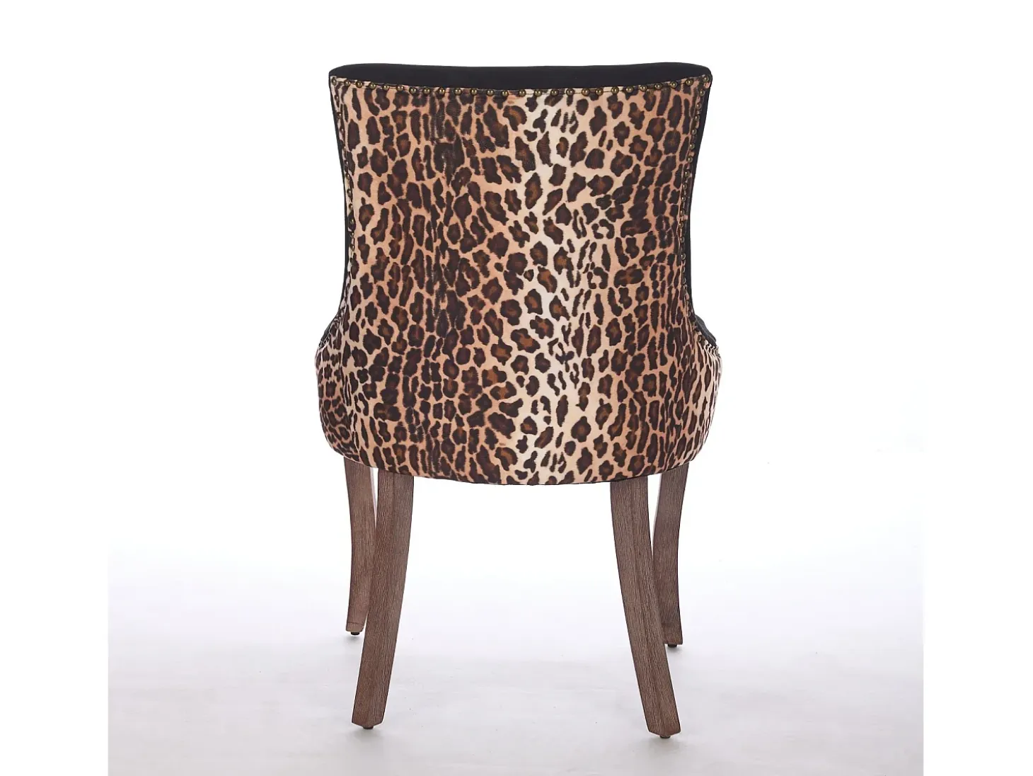Juego de 2 sillas de comedor - patas de madera maciza con remaches de bronce, estampado de leopardo - chenilla