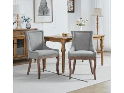 Juego de 2 sillas de comedor en chenilla gris con tachuelas decorativas y respaldo, patas de madera