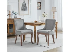 Juego de 2 sillas de comedor en chenilla gris con tachuelas decorativas y respaldo, patas de madera