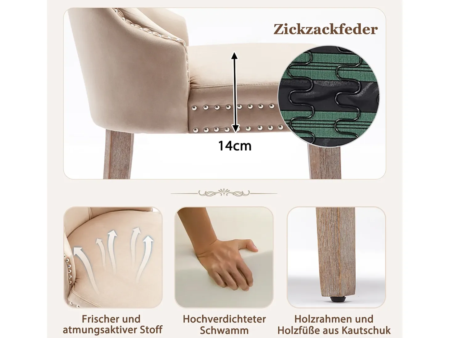 Juego de 2 sillas de comedor - Detalles remachados - Patas de madera maciza - Terciopelo - Beige