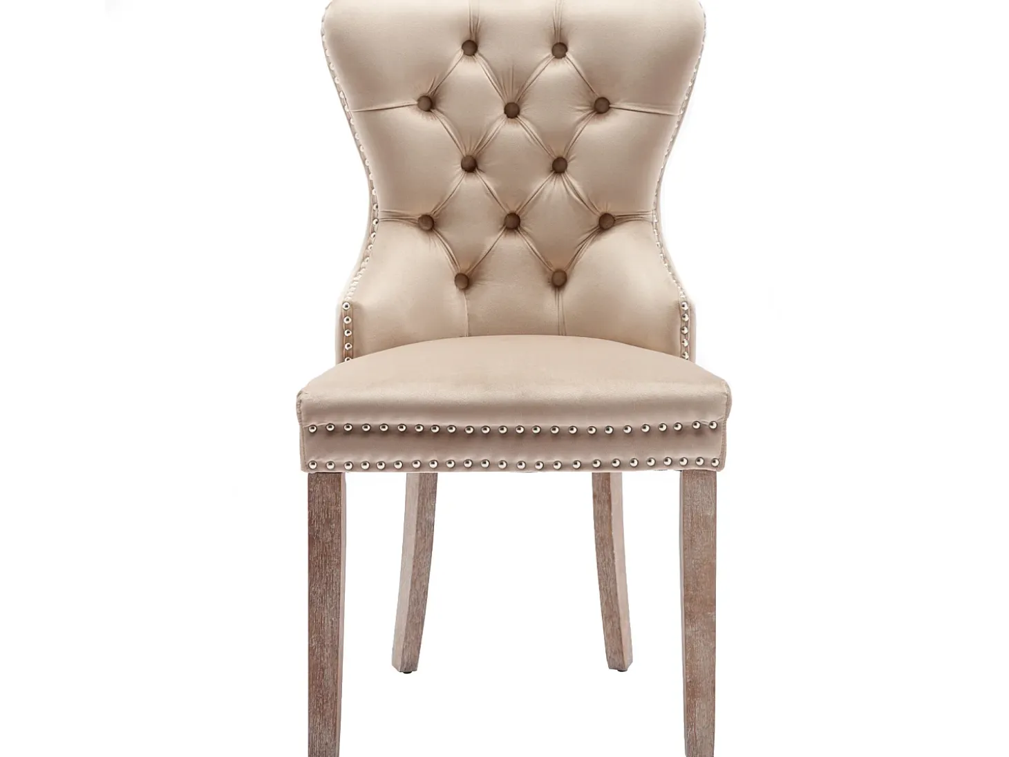 Juego de 2 sillas de comedor - Detalles remachados - Patas de madera maciza - Terciopelo - Beige
