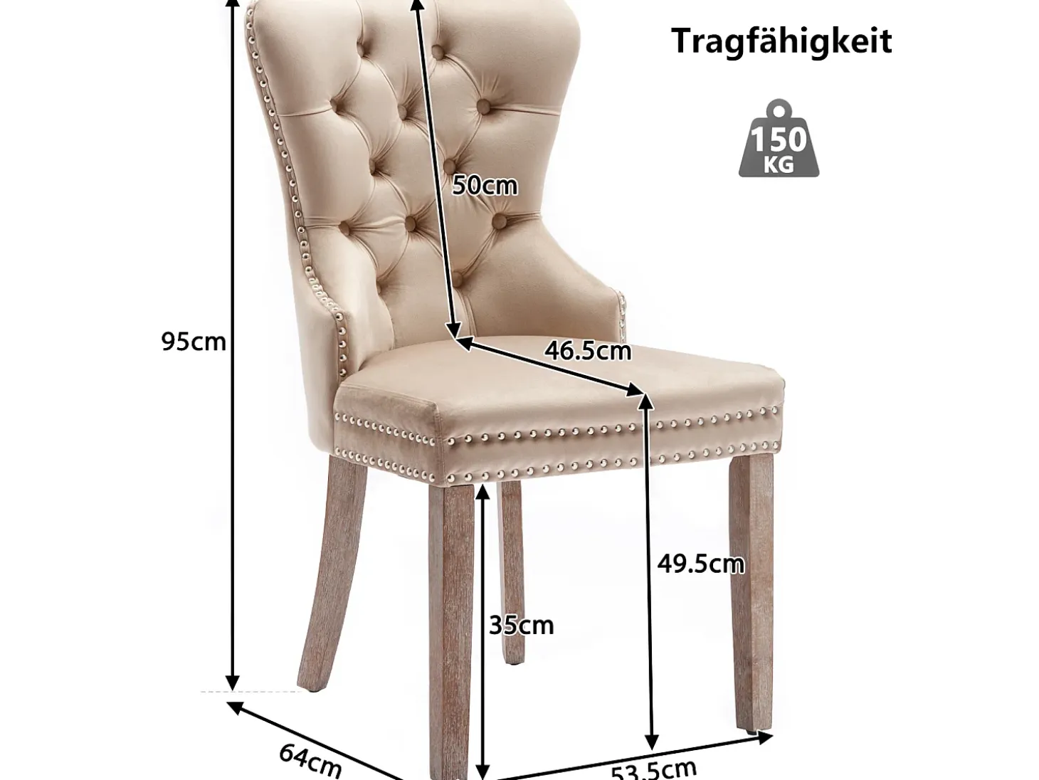 Juego de 2 sillas de comedor - Detalles remachados - Patas de madera maciza - Terciopelo - Beige