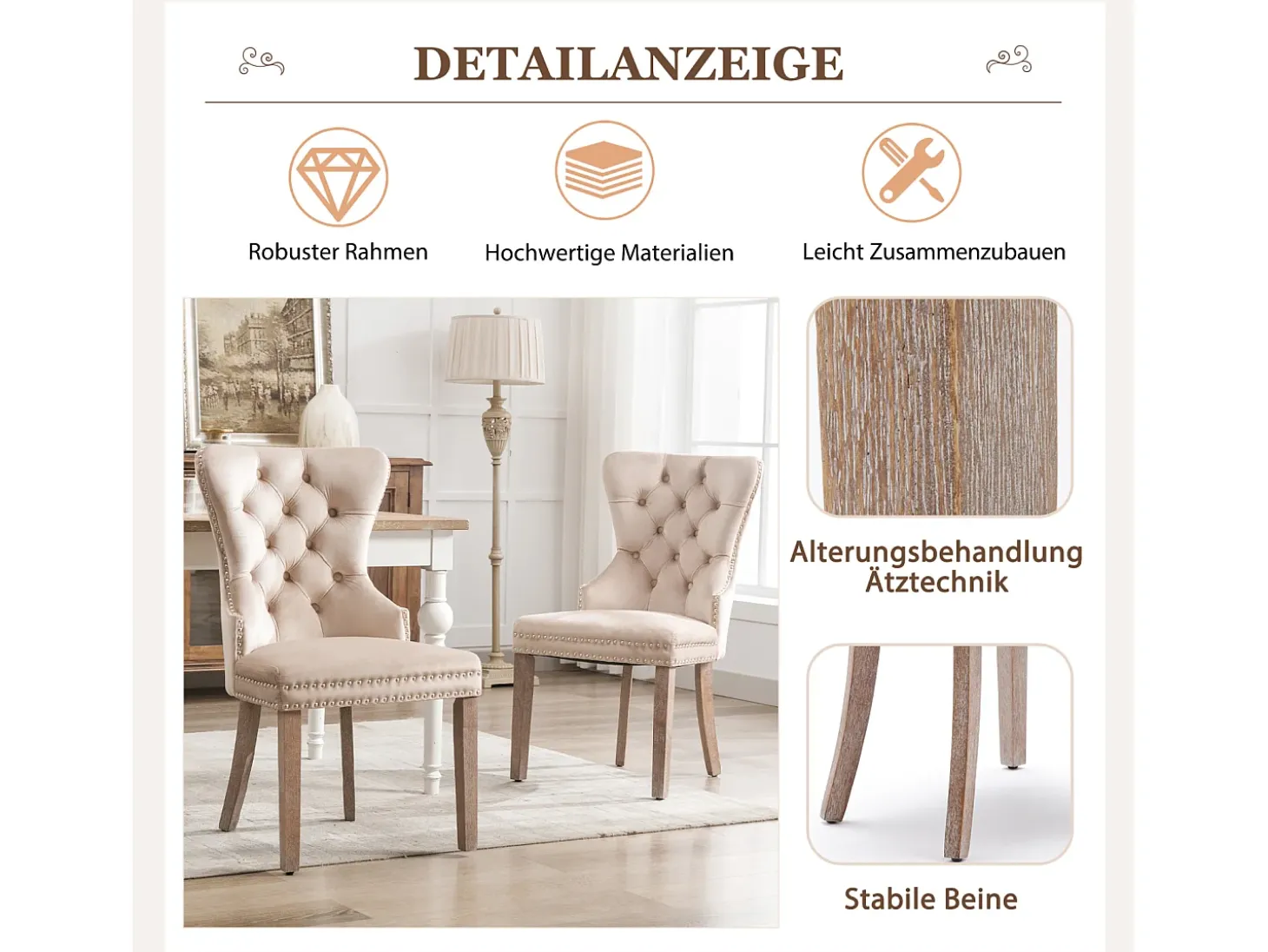 Juego de 2 sillas de comedor - Detalles remachados - Patas de madera maciza - Terciopelo - Beige