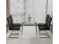 Juego de 4 sillas de comedor - Lino y piel sintética - Patas de metal - Negro y gris - BLITZ