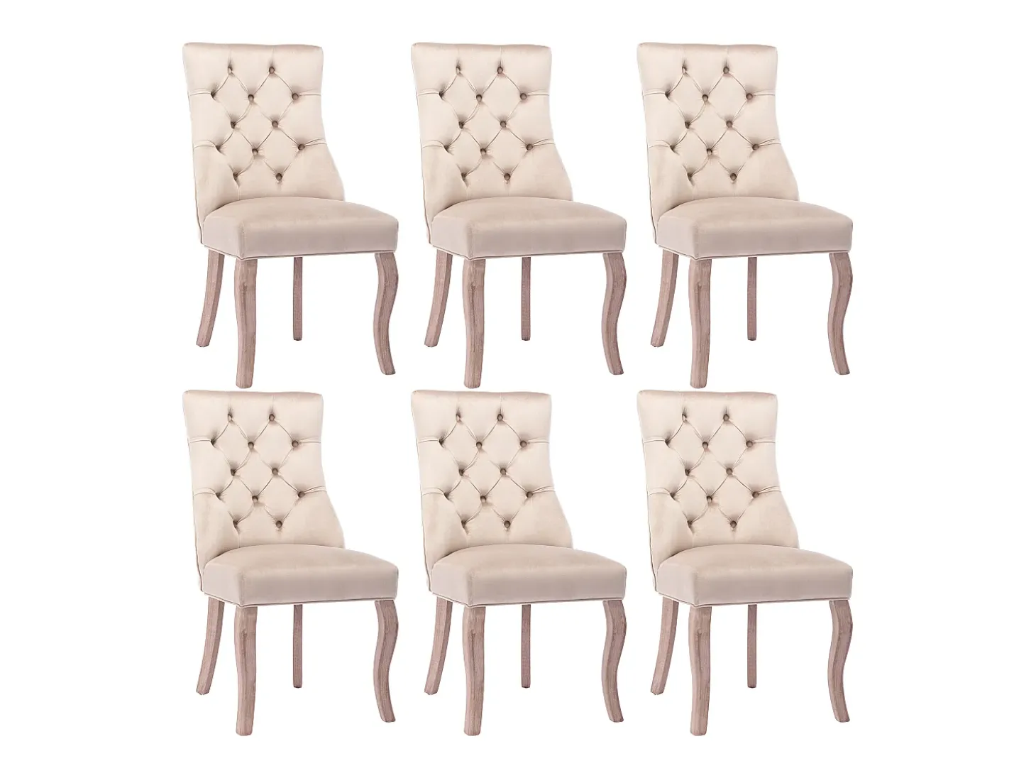 Juego de 6 sillas de comedor - Terciopelo y madera maciza - Respaldo con diseño de rombos - Beige