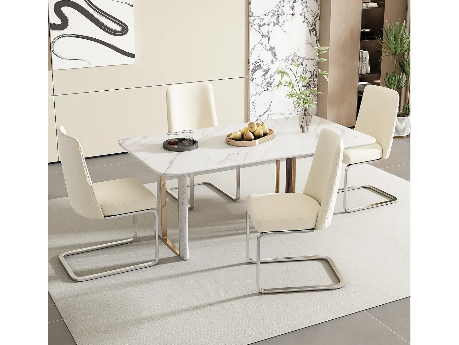 Juego de 2 sillas de comedor - 63,5x63,5x47,63 - terciopelo de lujo - patas de metal plateado - Beige