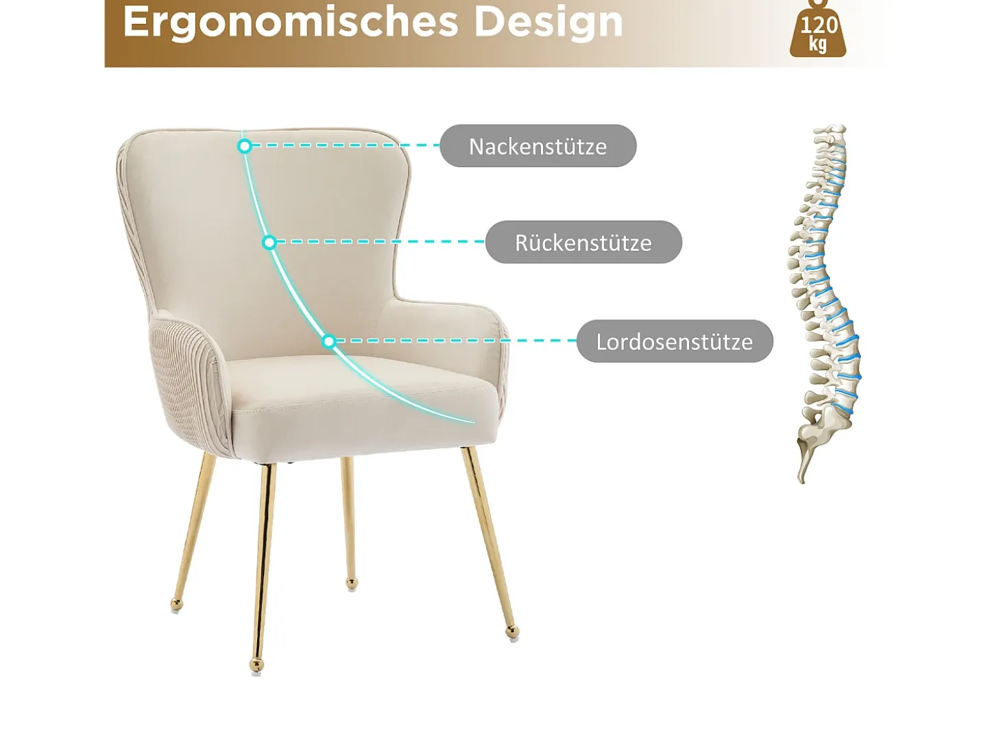 Juego de 2 sillas de comedor de terciopelo beige con reposabrazos, patas de metal dorado, soporte lumbar y patas ajustables (69 x 58,5 x 56 cm)