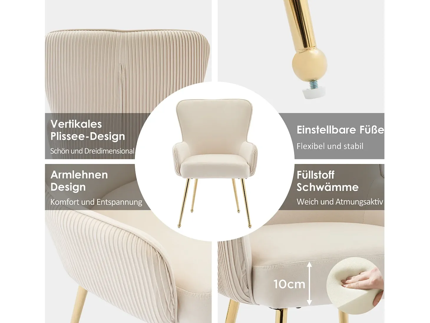 Juego de 2 sillas de comedor de terciopelo beige con reposabrazos, patas de metal dorado, soporte lumbar y patas ajustables (69 x 58,5 x 56 cm)