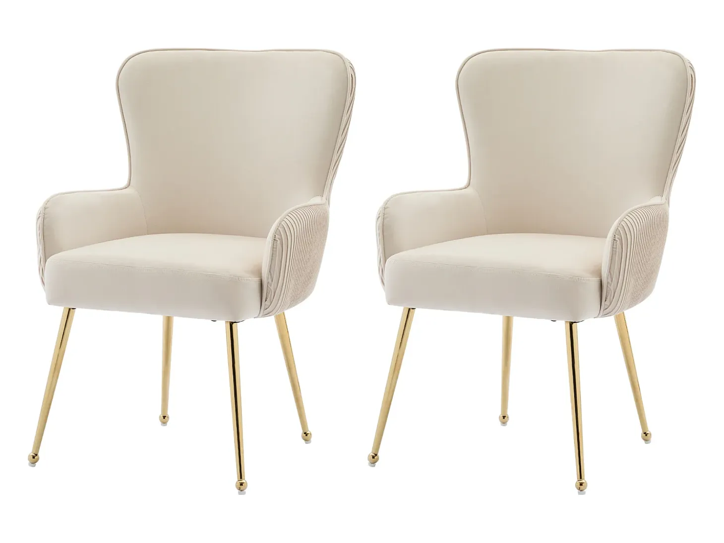 Juego de 2 sillas de comedor de terciopelo beige con reposabrazos, patas de metal dorado, soporte lumbar y patas ajustables (69 x 58,5 x 56 cm)