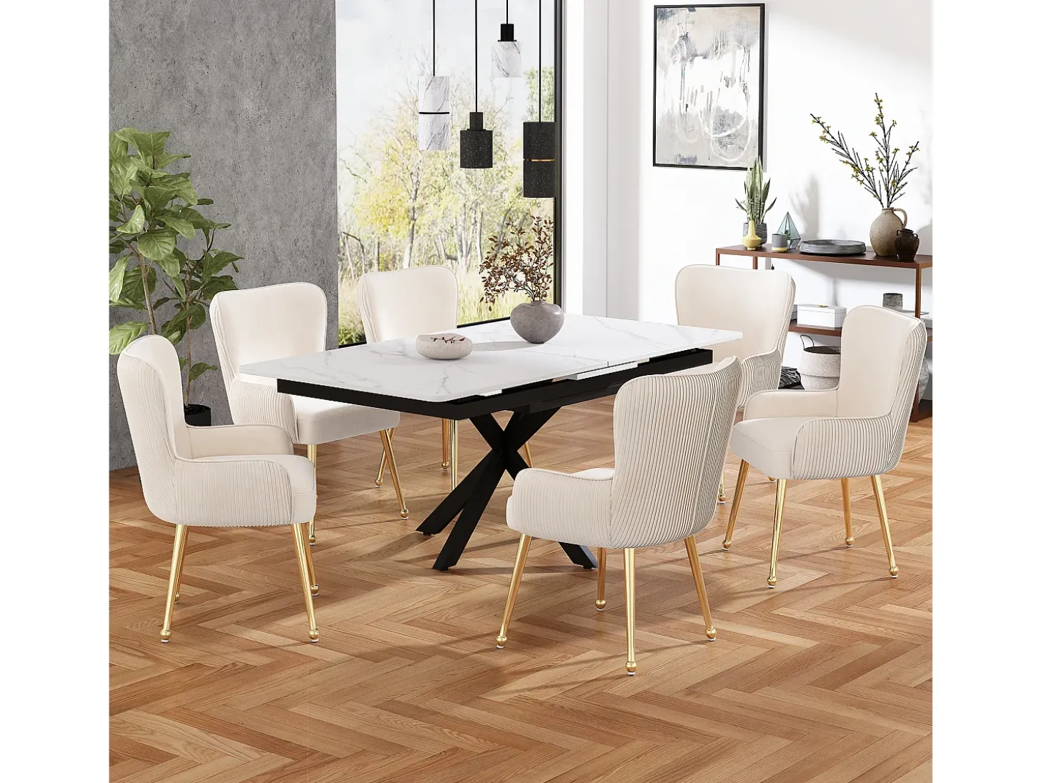 Juego de 2 sillas de comedor de terciopelo beige con reposabrazos, patas de metal dorado, soporte lumbar y patas ajustables (69 x 58,5 x 56 cm)