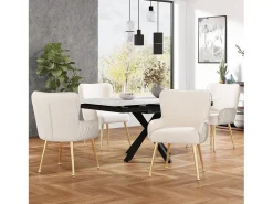 Juego de 2 sillas de comedor de terciopelo beige con reposabrazos, patas de metal dorado, soporte lumbar y patas ajustables (69 x 58,5 x 56 cm)