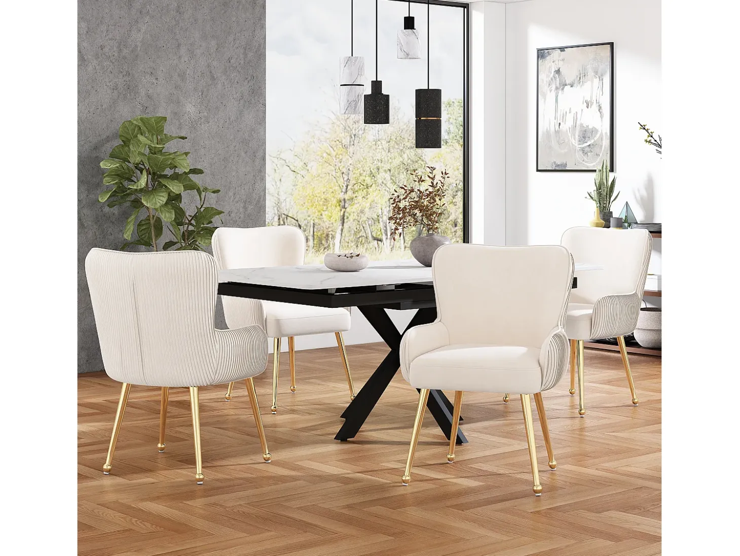 Juego de 2 sillas de comedor de terciopelo beige con reposabrazos, patas de metal dorado, soporte lumbar y patas ajustables (69 x 58,5 x 56 cm)
