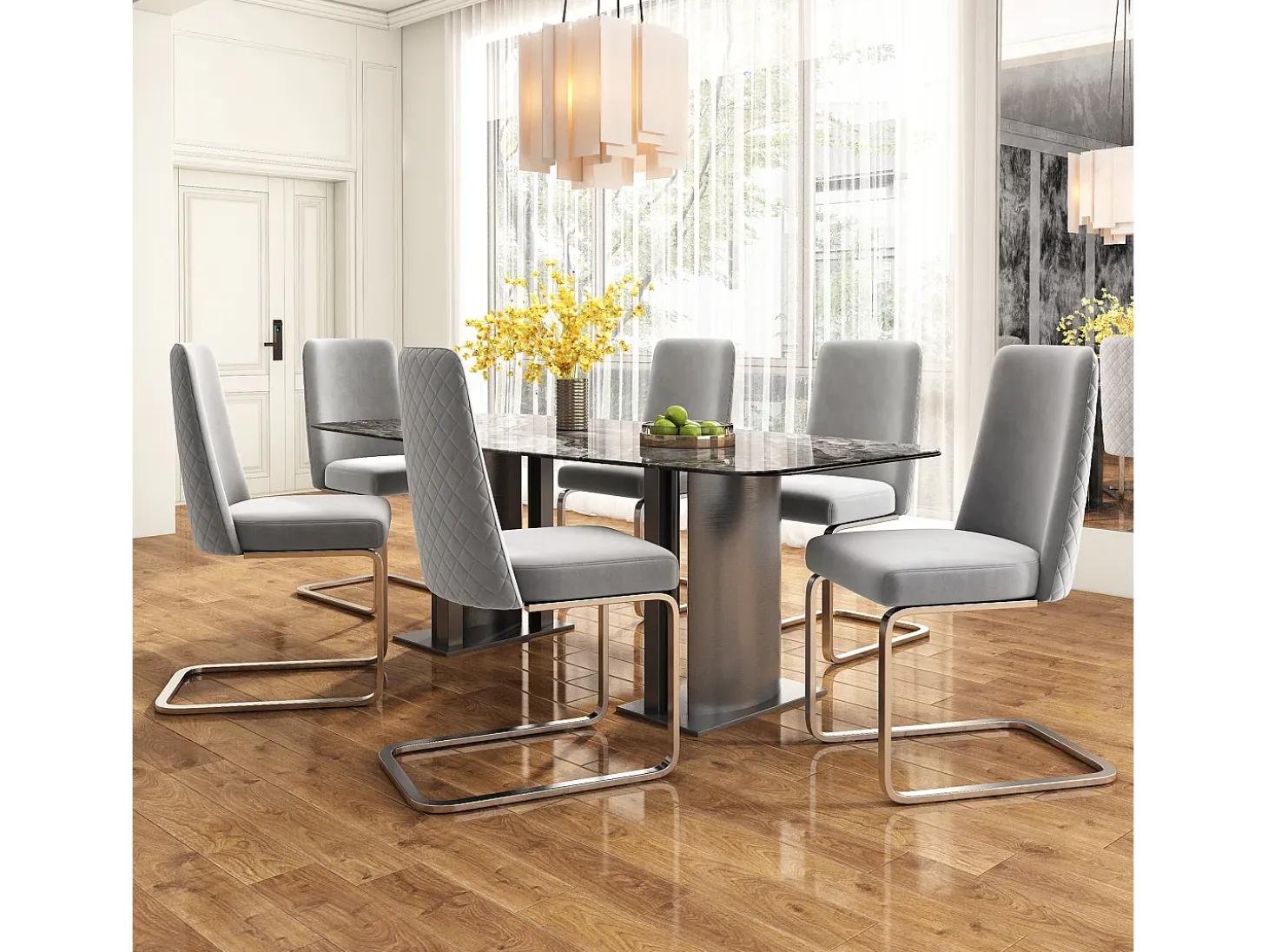 Juego de 2 sillas de comedor - 63,5x63,5x47,63 - terciopelo de lujo - patas de metal plateado - gris
