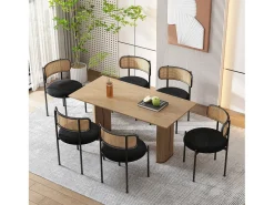 Juego de 4 sillas de comedor de terciopelo y ratán con patas de metal - Negro