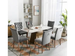 Juego de 6 Sillas de comedor tapizadas en terciopelo - Patas de nogal macizo - Decoración botones - Gris