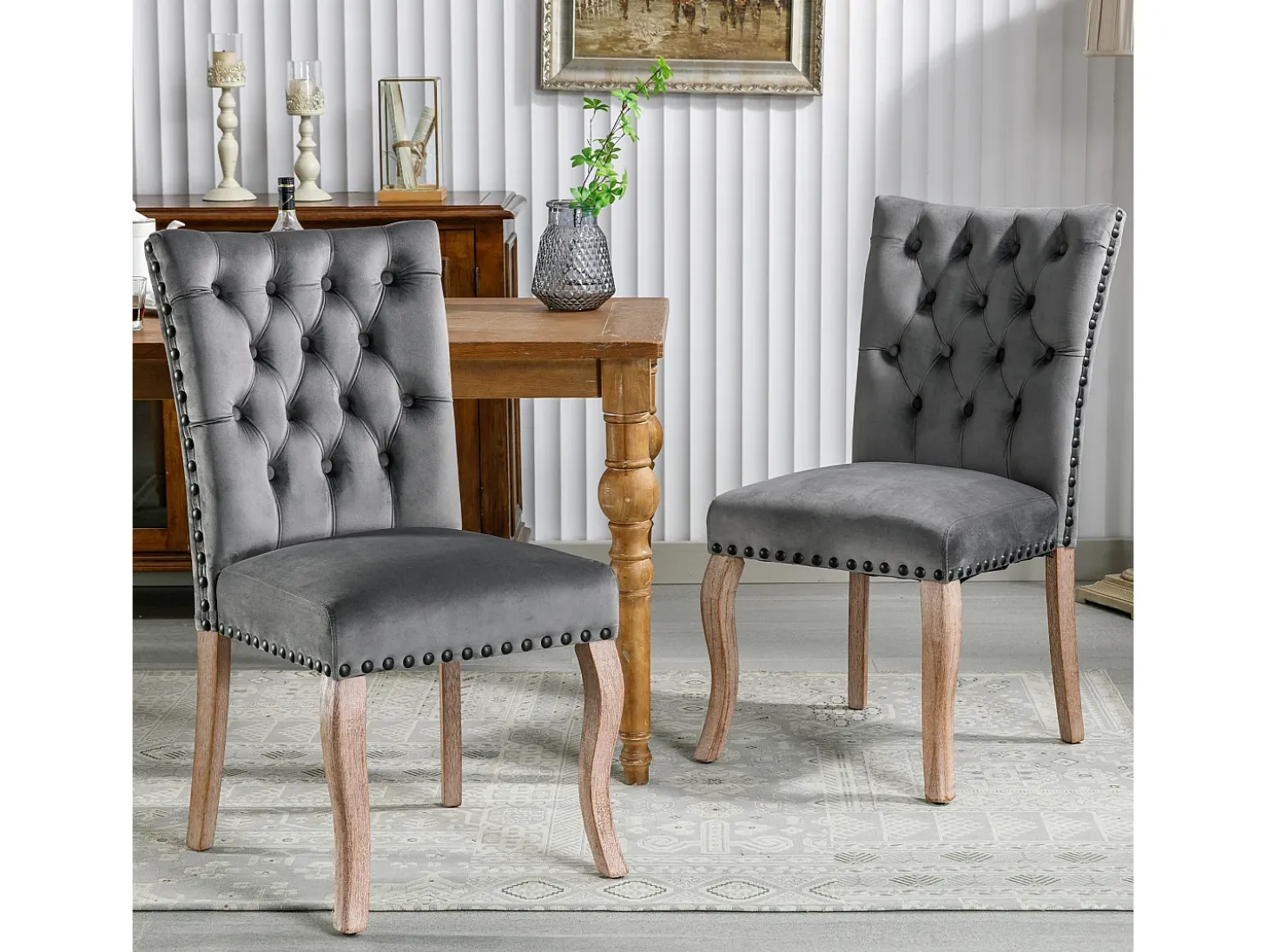 Juego de 2 Sillas de comedor tapizadas en terciopelo - Patas de nogal macizo - Decoración botones - Gris