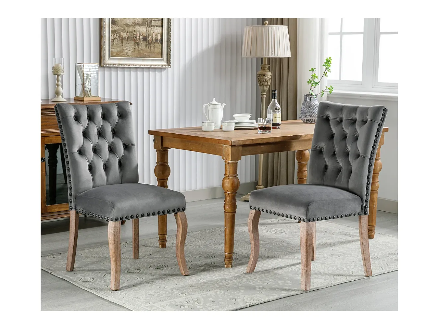 Juego de 2 Sillas de comedor tapizadas en terciopelo - Patas de nogal macizo - Decoración botones - Gris