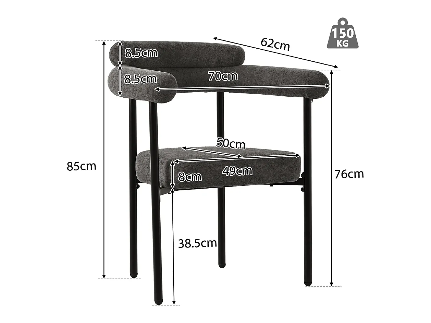 Juego de 4 sillas de comedor de terciopelo - Patas de metal - Con reposabrazos - Gris oscuro