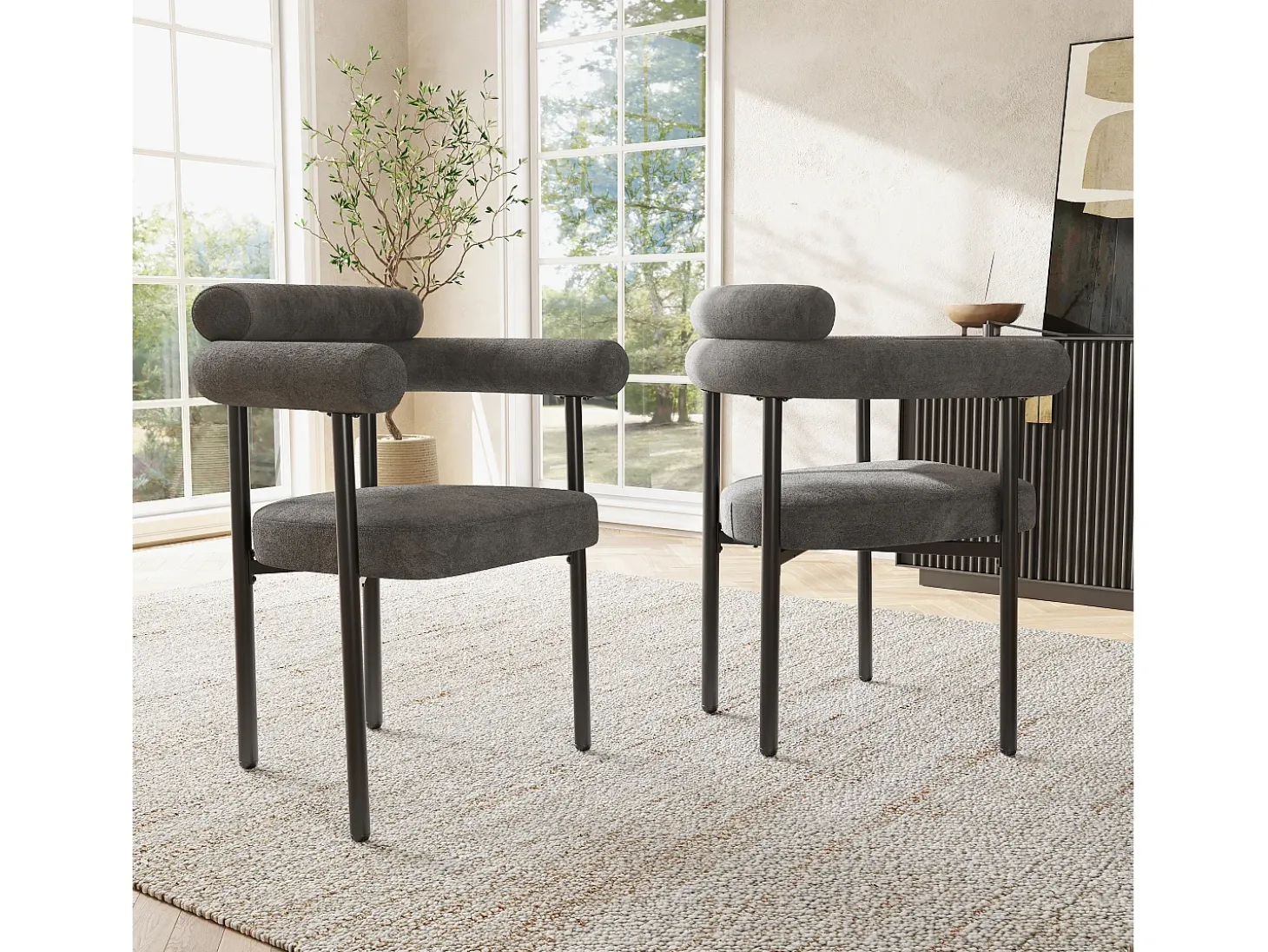 Juego de 4 sillas de comedor de terciopelo - Patas de metal - Con reposabrazos - Gris oscuro