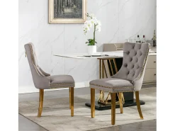 Juego de 2 sillas de comedor en terciopelo gris con respaldo acolchado y patas de metal dorado