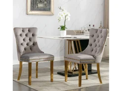 Juego de 2 sillas de comedor en terciopelo gris con respaldo acolchado y patas de metal dorado