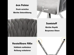 Juego de 6 sillas de comedor de terciopelo, silla giratoria de lujo para sala de estar y dormitorio con patas de metal (62 x 60 x 57 cm)