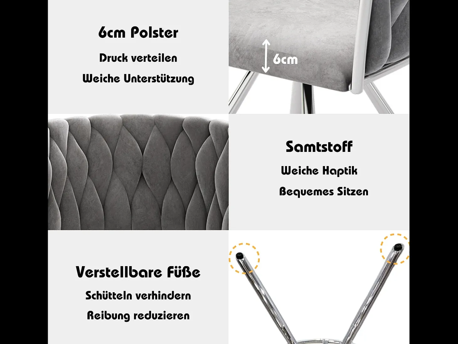 Juego de 6 sillas de comedor de terciopelo, silla giratoria de lujo para sala de estar y dormitorio con patas de metal (62 x 60 x 57 cm)
