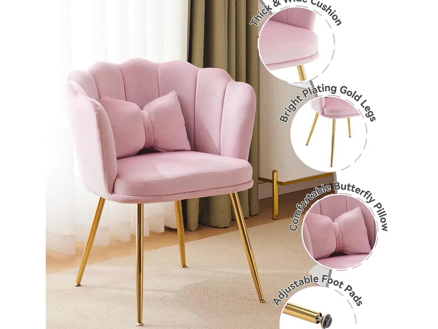 Juego de 2 Sillas de Comedor de Terciopelo - 62 x 54,5 x 77 cm - con Respaldo - Patas de Metal - Rosa