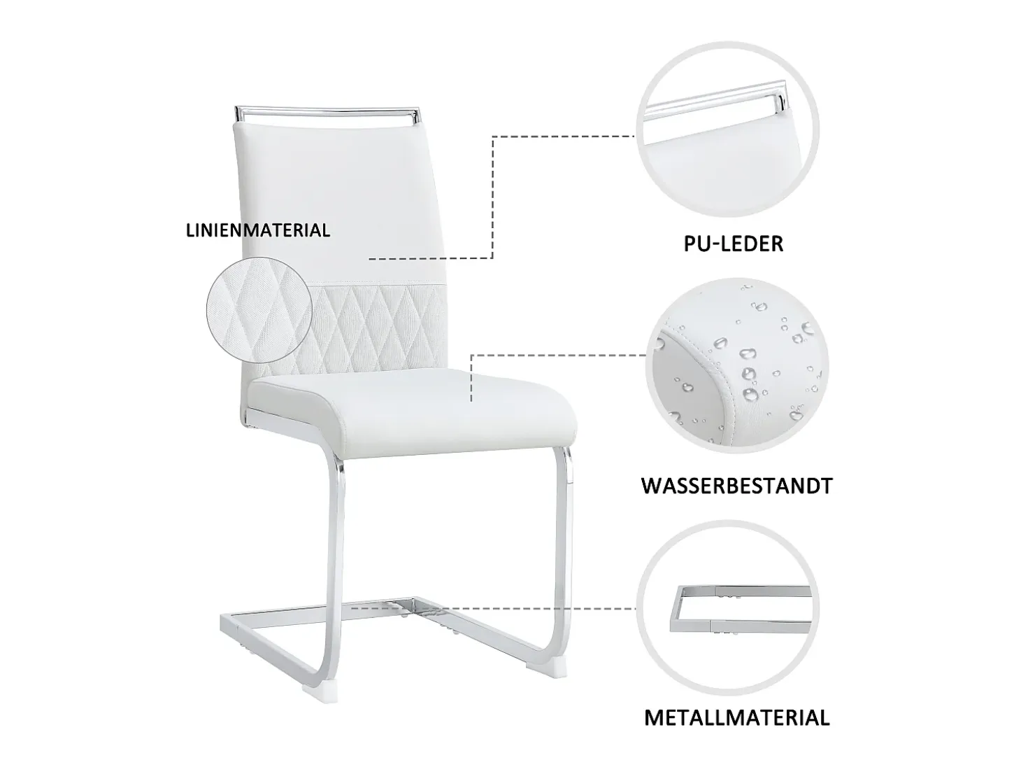 Juego de 4 sillas de comedor - Lino y piel sintética - Patas de metal - Blanco - BLITZ