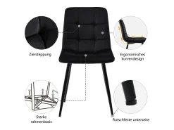 Juego de 4 sillas de comedor de terciopelo negro, tapizadas, estructura de metal, diseño contemporáneo.