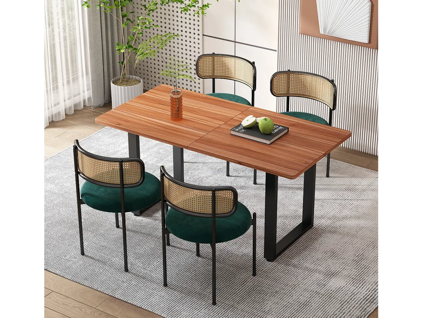 Juego de 6 sillas de comedor de terciopelo y ratán con patas de metal - Verde