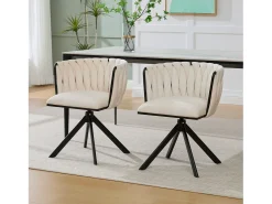 Juego de 2 sillas de comedor de terciopelo marfil con función giratoria y patas de metal negro