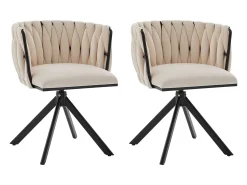 Juego de 2 sillas de comedor de terciopelo marfil con función giratoria y patas de metal negro