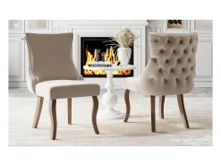 Juego de 2 sillas de comedor, silla decorativa tapizada con ribete de tachuelas, tela de terciopelo, patas de madera maciza, beige.