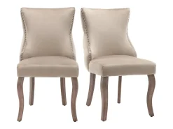 Juego de 2 sillas de comedor, silla decorativa tapizada con ribete de tachuelas, tela de terciopelo, patas de madera maciza, beige.