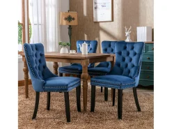 Juego de 2 sillas de comedor en terciopelo azul con tachuelas decorativas y respaldo acolchado