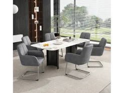 Juego de 4 sillas de comedor con reposabrazos, piel sintética, patas de metal curvadas, gris (56x56x76 cm)