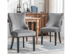 Juego de 2 sillas de comedor - Terciopelo y madera maciza - Respaldo con motivos de rombos - Gris y negro