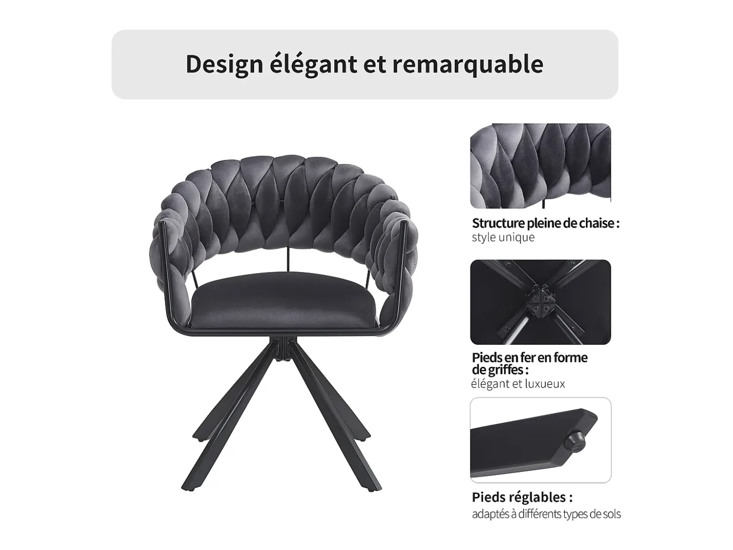 Juego de 4 sillas de comedor - 64 x 54 x 77 cm - Silla de tocador - Patas de garra ajustables - Terciopelo - Gris