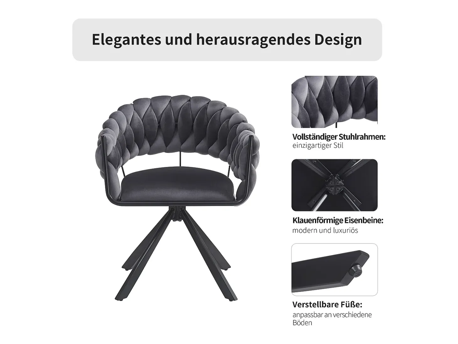 Juego de 4 sillas de comedor - 64 x 54 x 77 cm - Silla de tocador - Patas de garra ajustables - Terciopelo - Gris
