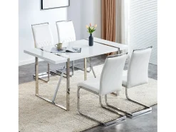 Juego de 4 sillas de comedor modernas, respaldo de poliuretano y lino, asiento de terciopelo, estructura de metal, color blanco (42 x 48 x 95 cm)