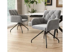 Juego de 2 sillas de comedor de terciopelo gris claro con respaldo de rombos y patas de metal negro