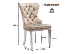 Juego de 6 sillas de comedor, tapizadas con ribete de tachuelas, patas de soporte de metal, tapizado de terciopelo, color beige, con diseño de llamador de puerta.