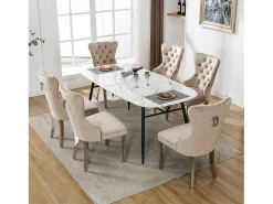 Juego de 6 sillas de comedor, tapizadas con ribete de tachuelas, patas de soporte de metal, tapizado de terciopelo, color beige, con diseño de llamador de puerta.