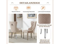 Juego de 6 sillas de comedor, tapizadas con ribete de tachuelas, patas de soporte de metal, tapizado de terciopelo, color beige, con diseño de llamador de puerta.