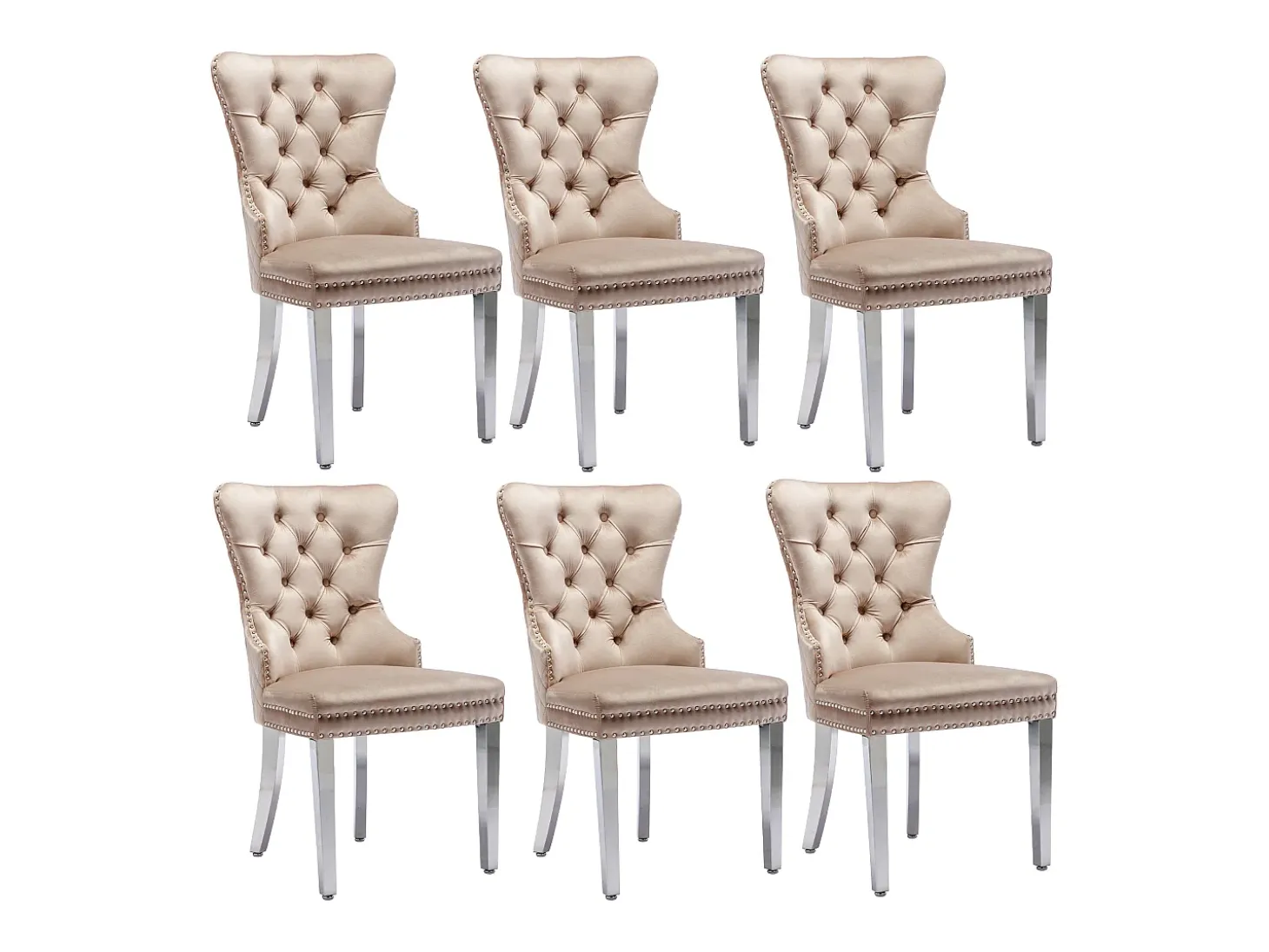 Juego de 6 sillas de comedor, tapizadas con ribete de tachuelas, patas de soporte de metal, tapizado de terciopelo, color beige, con diseño de llamador de puerta.
